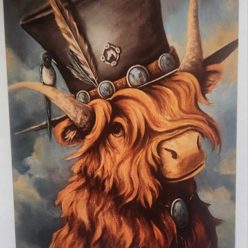 Highland COW with Top Hat with Magpie Bird