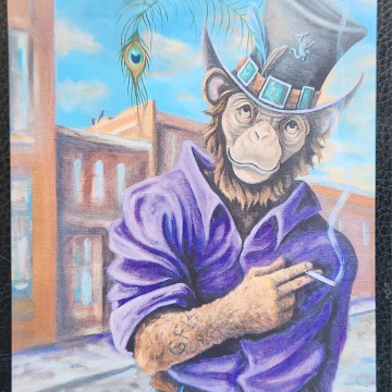 Smoking Steampunk Monkey~in Town~Tophat w Peacock Feather